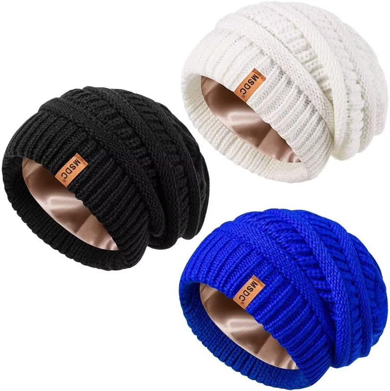 MSDC 3 Pack Satin Lined Beanie for Women, Warm Slouchy Winter Hats with Silk Lined, Fashionable Oversized Cable Knit Hat Skull Cap - Image 1